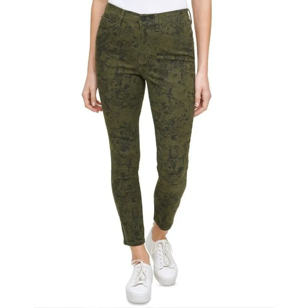 Calvin Klein Skinny Ankle Jeans Women's 24‎ XS Green Green Python-Print Stretch